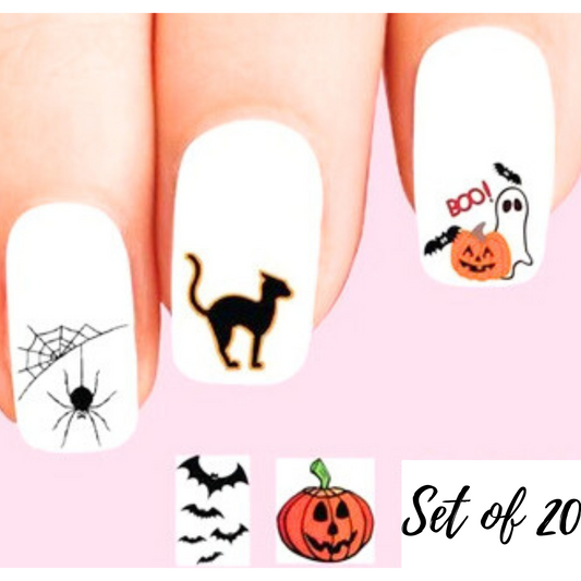 20 Assorted Halloween Nail Decals: Black Cat, Ghosts, Bats, Pumpkin & Spider Web