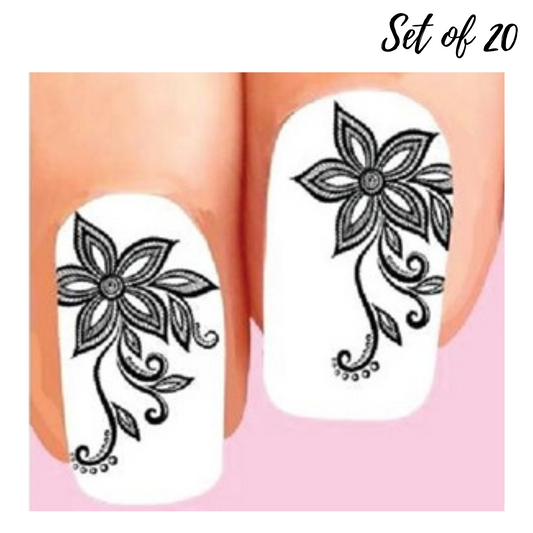 20 Black Lace Flower Waterslide Nail Decals - Stunning Nail Art Stickers