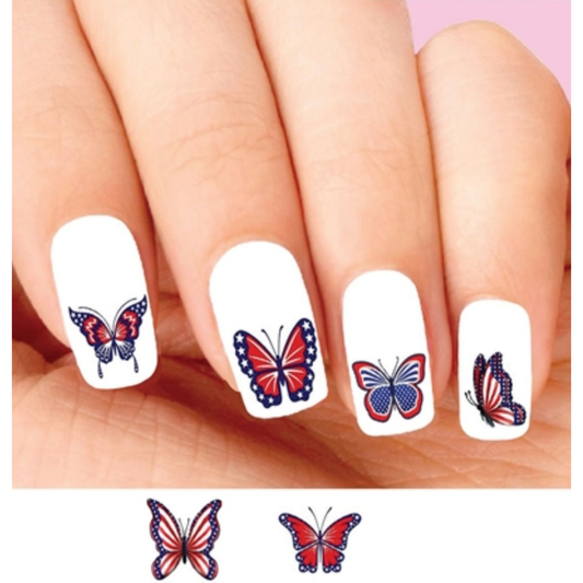 4th of July Butterfly Water Slide Nail Decals – Patriotic Red White Blue Nail Art Set of 20