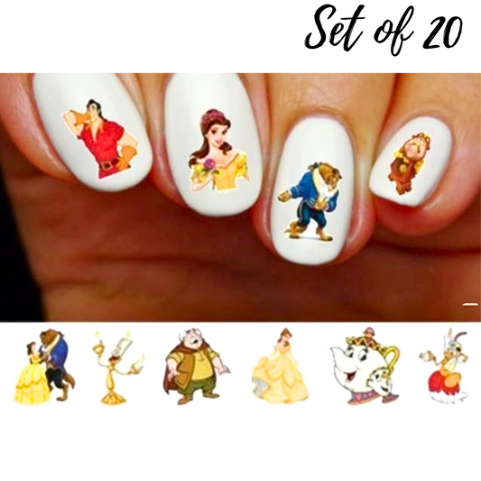 Enchanting Nail Stickers|Beauty and the Beast Belle, Lumiere, and Gaston Waterslide Decals for Magical Nail Art