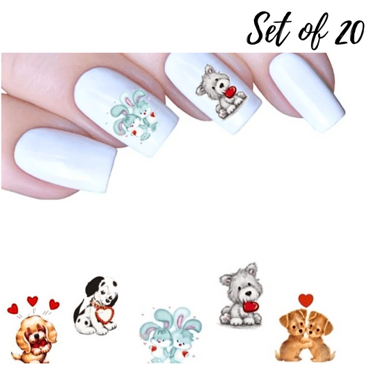 Adorable Dogs and Bunnies Valentine's Nail Art Water Slide Decals for Perfect Love-Themed Manicures