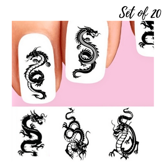 Black Dragon silhouette Assorted Set of 20 Waterslide Nail Decals