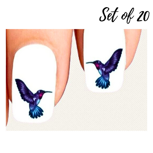 Blue & Purple Hummingbird Nail Decals| Vibrant Water Slide Stickers for Nail Art