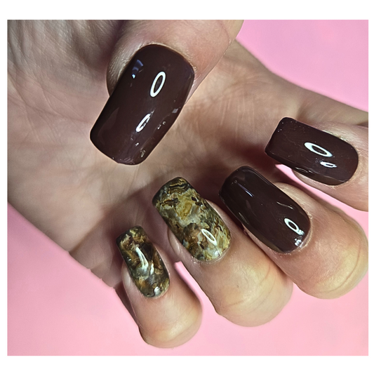 Custom Gel Press On Nails: Chocolate Brown Marble Full Kit - Medium Square