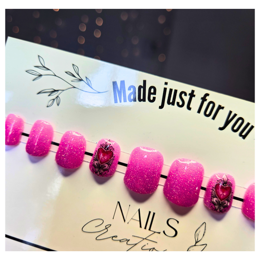Medium Square Pink Heart Glitter Press On Nails - Full Custom Gel Kit