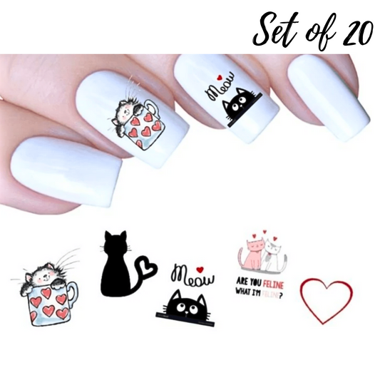 Cats Meow Valentine's Nail Art Water Slide Decals Adorable Stickers for Cat Lovers