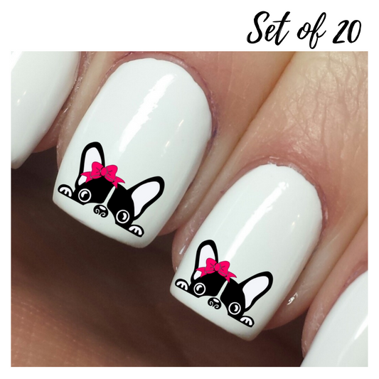 Cute Puppy Nail Art Stickers with Pink Bow, Waterslide Decals, Set of 20