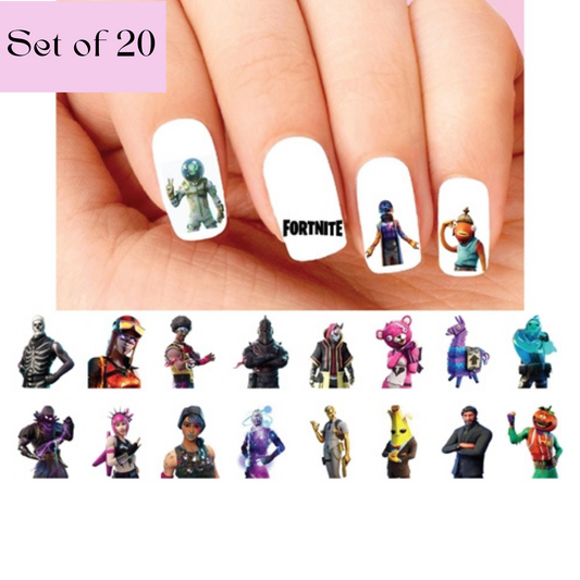 Set of 20 Fortnite Character Nail Decals - Assorted Skins & Outfits for Vibrant Waterslide Nail Art