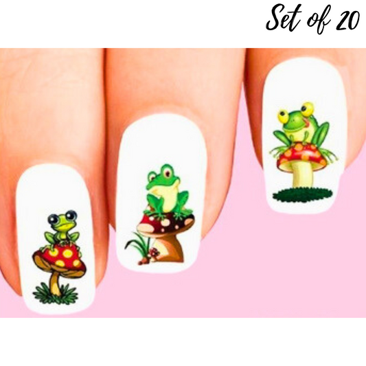 Cute Frogs on Mushrooms Assorted Set of 20 Waterslide Nail Decals