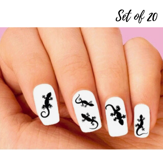 Gecko Lizard Silhouette Nail Decals - Set of 20 Assorted Waterslide Stickers for Unique Nail Art