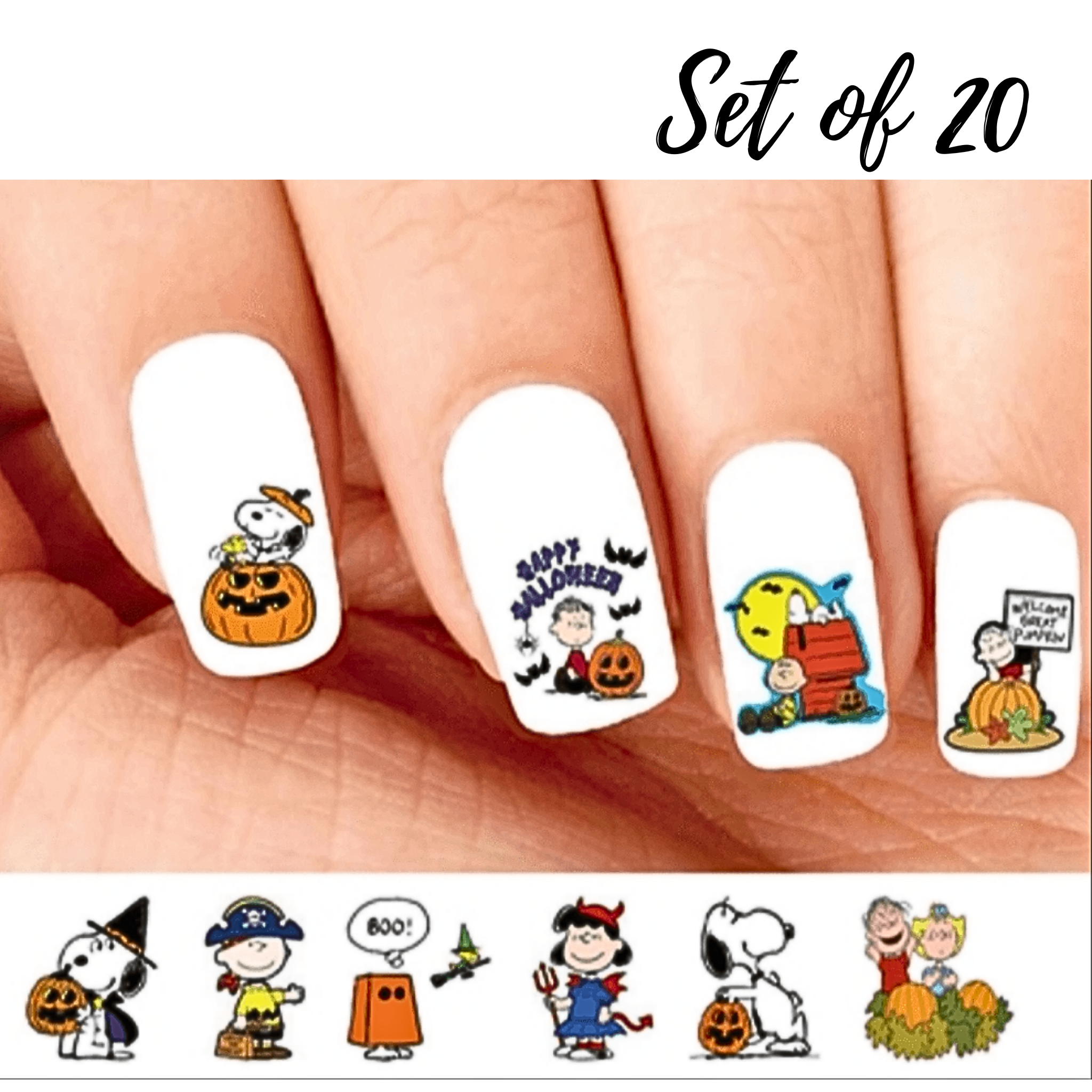 Halloween Charlie Brown Snoopy Nail Decals - Assorted Set of 20 Waterslide Designs for Festive Nail Art