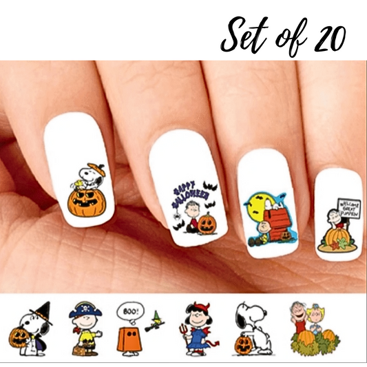Halloween Charlie Brown Snoopy Nail Decals - Assorted Set of 20 Waterslide Designs for Festive Nail Art
