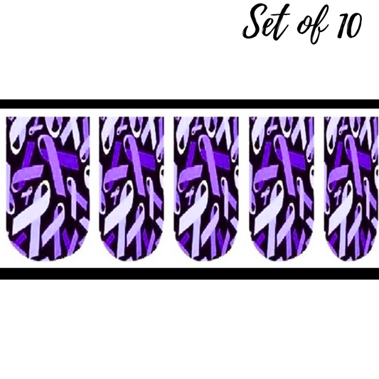 Hodgkin's Lymphoma Purple Awareness Ribbon Nail Decals | Set of 10 Waterslide Full Nail Art Stickers