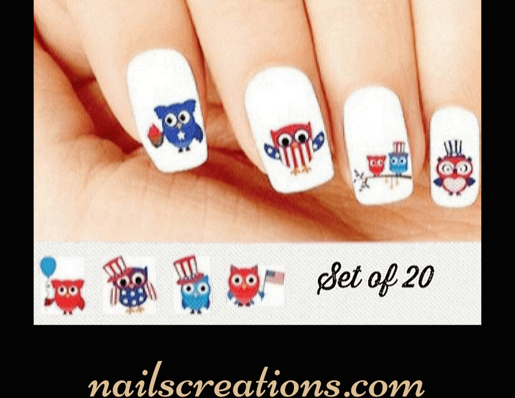 Nail Stickers 4th of July Patriotic Owls Nail Decals Waterslides Nail Decals