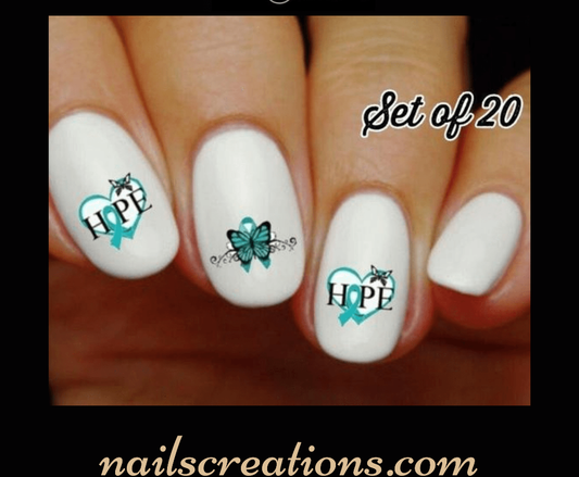 Ovarian Cancer Awareness Teal Ribbon Hope Butterfly Nail Decals Stickers Water Slides Nail Art