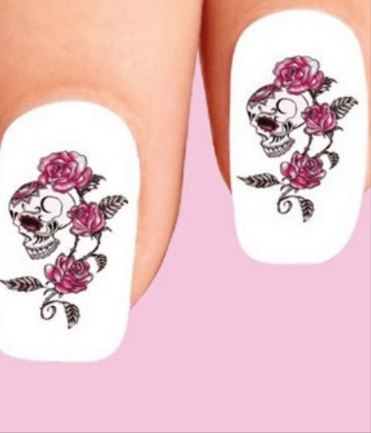 Skull with Pink Roses and Vines Waterslide Nail Decals