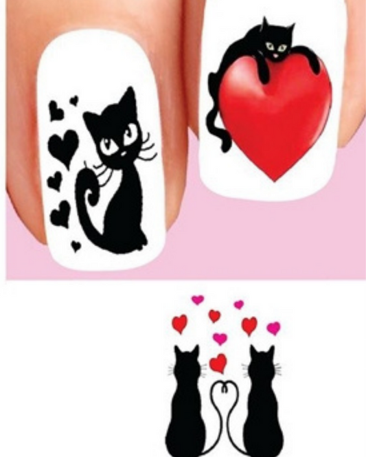 Black Kitty Cat with Hearts Assorted Set of 20 Waterslide Nail Decals