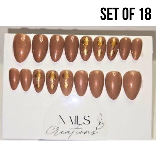 Custom Gel Press-On Nails Set - 18pc Full Kit Coffee Moka, Geometric Gold Stickers