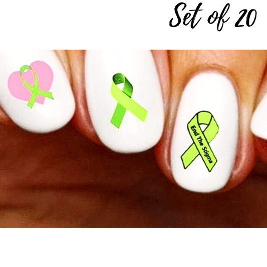 Mental Health Awareness Nail Decals - Green Ribbon Water Slide Nail Stickers for Nail Art