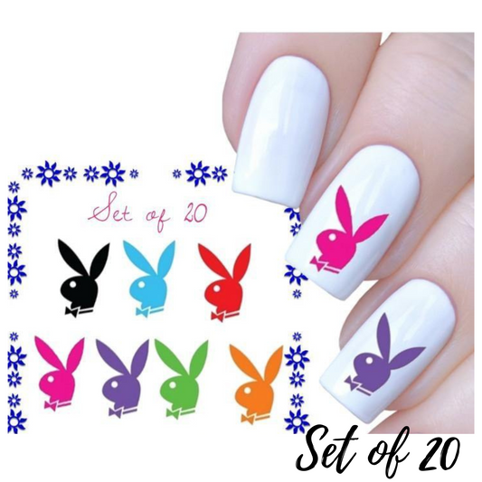 Colorful Playboy Bunny Set of 20 Waterslide Nail Decals