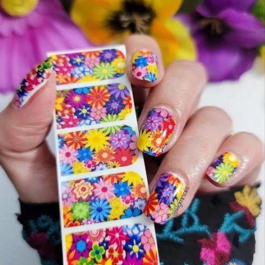 Vibrant Spring Flower Nail Decals: Set of 10 Colorful Waterslide Designs