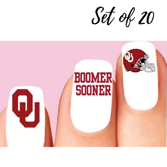 Oklahoma Boomer Sooner Nail Decals - Set of 20 Assorted Waterslide Nail Stickers for Fan & Sports Nail Art