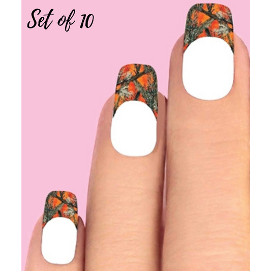 Orange Mossy Oak Camouflage Nail Tips - Waterproof Nail Decals - 10 Pcs