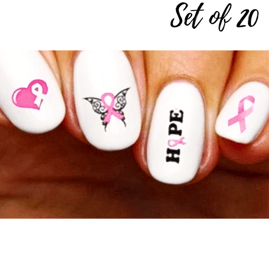 Pink Awareness Ribbon Nail Decals | Breast Cancer Heart Hope Butterfly Water Slide Stickers for Nail Art