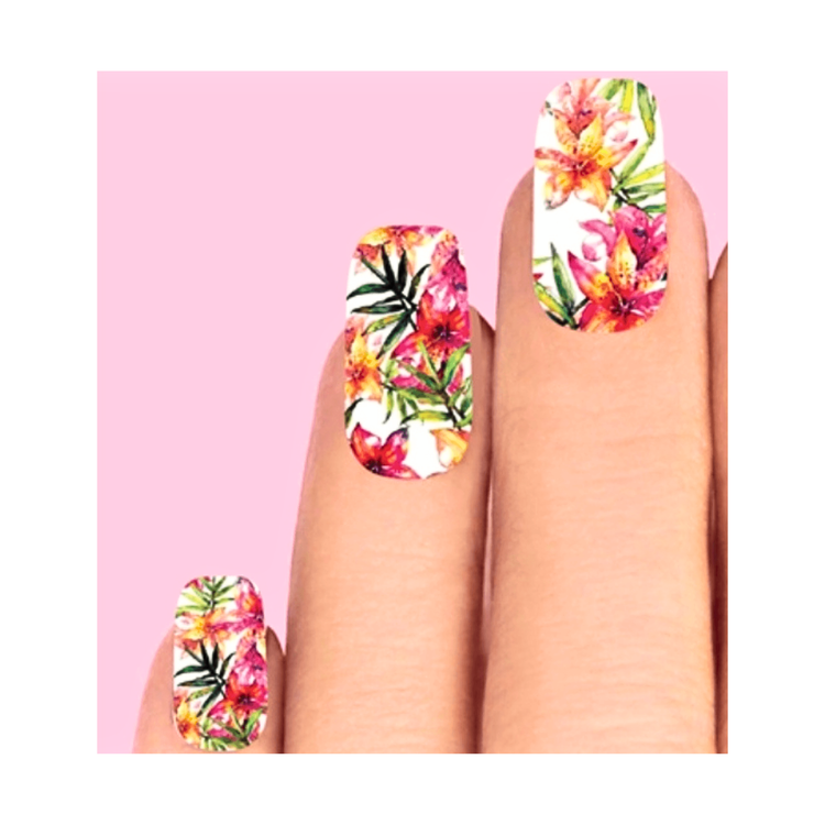 Pink Lily & Palm Nail Decals – Set of 10 Full Water Slide Stickers for Nails
