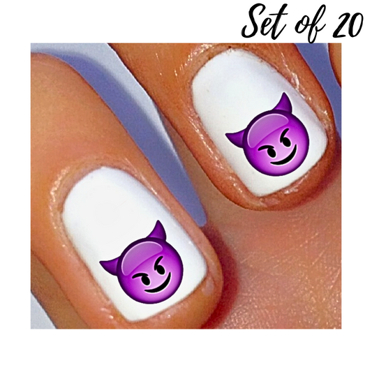 Purple Demon Emoji Nail Decals - Set of 20 Waterslide Designs for Nail Art
