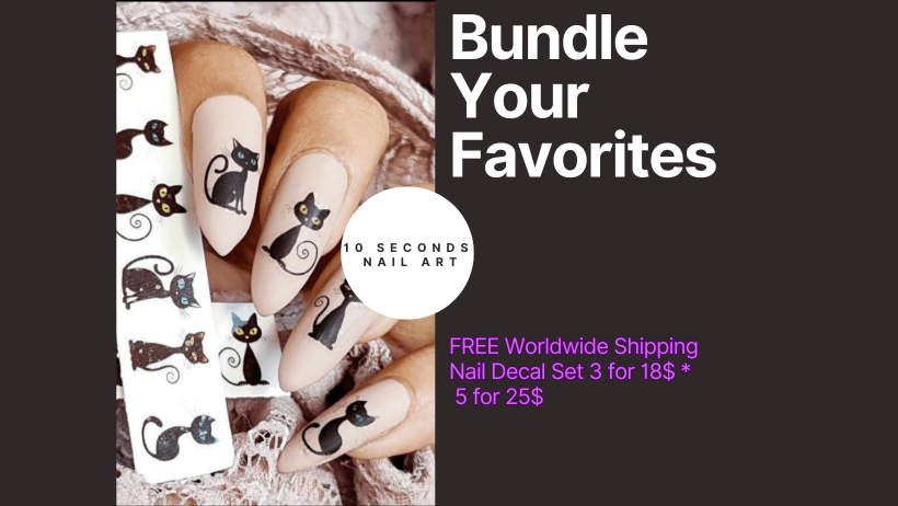 Nail art decal set with cat designs on nails, promotional text for bundle offer.