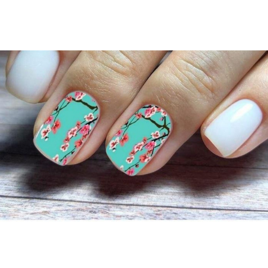 Set Teal Cherry Blossoms Assorted Full Nail Decals Stickers Water Slides Nail Art