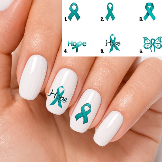 Ovarian Cancer Awareness Teal Ribbon Butterfly Nail Decals | Water Slide Nail Art Stickers