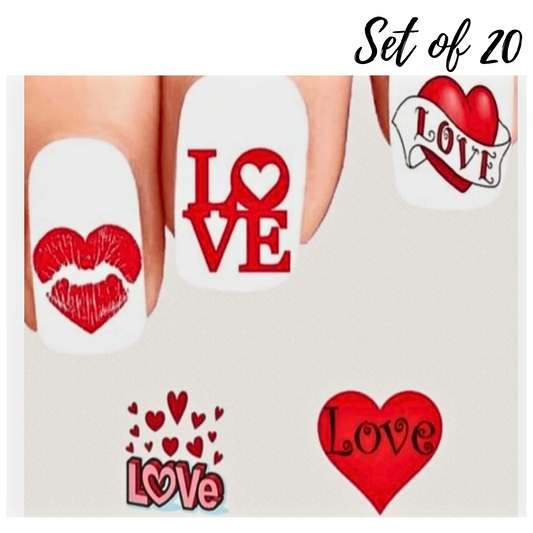 Valentine's Day Love Hearts Kiss Nail Decals - Set of 20 Assorted Waterslide Designs for Gorgeous Nails