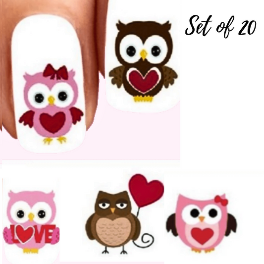 Valentine's Day Owls and Hearts Nail Decals|Assorted Water Slide Stickers for Festive Nail Art