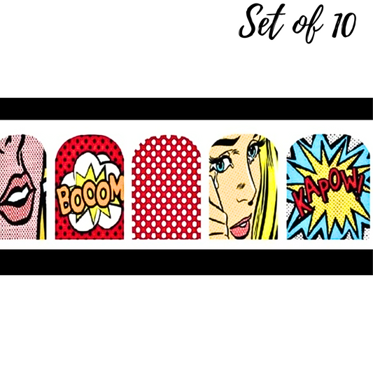 Vintage Comic Pop Art Nail Decal Set - Kapow Boom Dots Waterslide Stickers