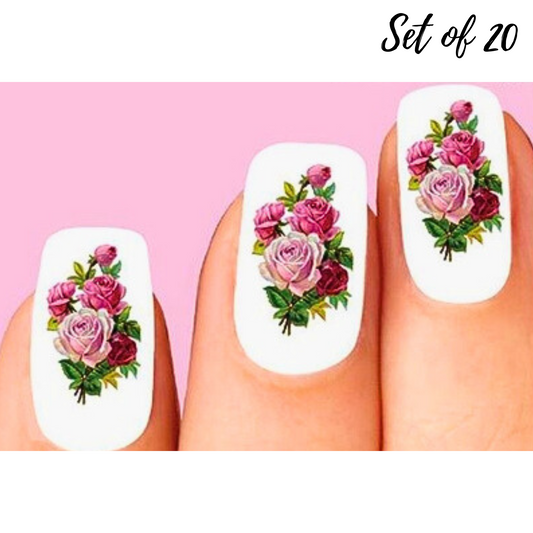 Vintage Pink Roses Set of 20 Waterslide Nail Decals - Elegant Floral Nail Art Stickers