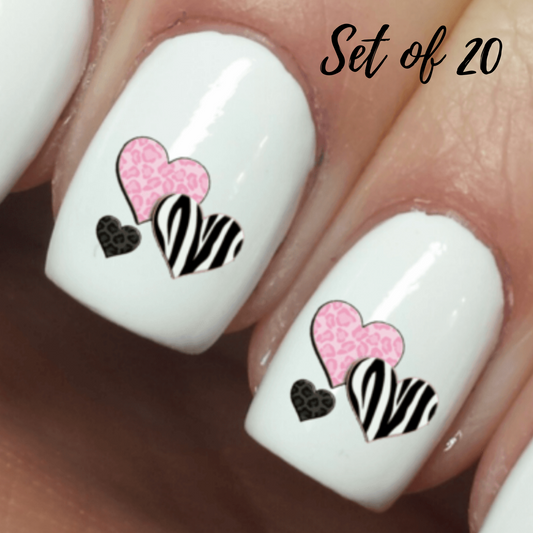 Zebra Leopard Nail Art Decals - Waterslide Hearts Print Designs for Nails