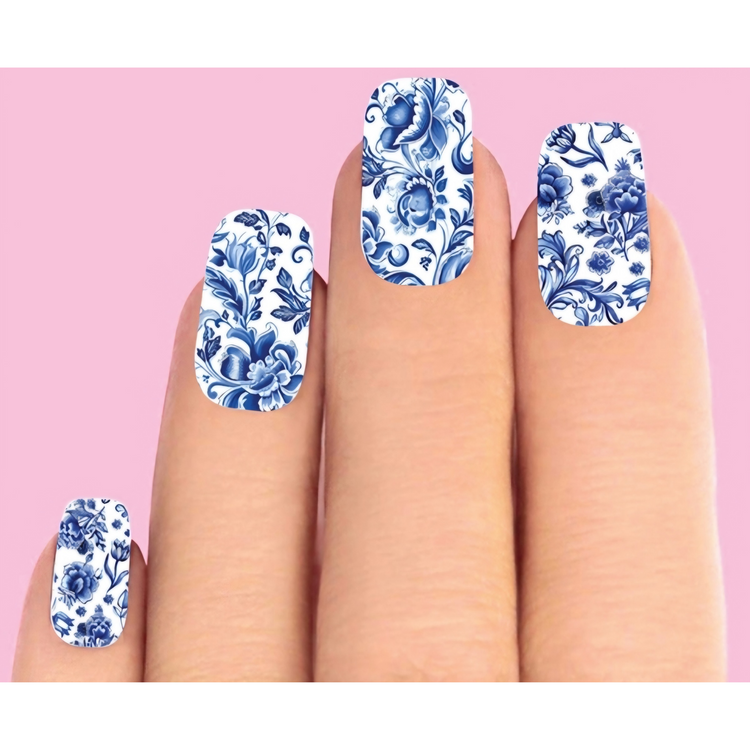 Blue Delft Nail Art Waterslide Decals (Set of 10) – Full Cover Floral Nail Design Transfers