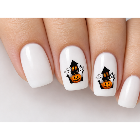 Haunted House Halloween Nail Decals – Ghost & Pumpkin Water Slide Stickers