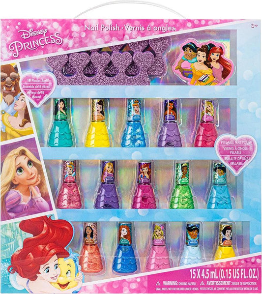 Townley Girl Disney Princess Non-Toxic Peel-Off Water-Based Natural Safe Quick Dry Nail Polish| Gift Kit Set for Kids Girls| Glittery and Opaque Colors| Ages 3+ (18 Pcs)