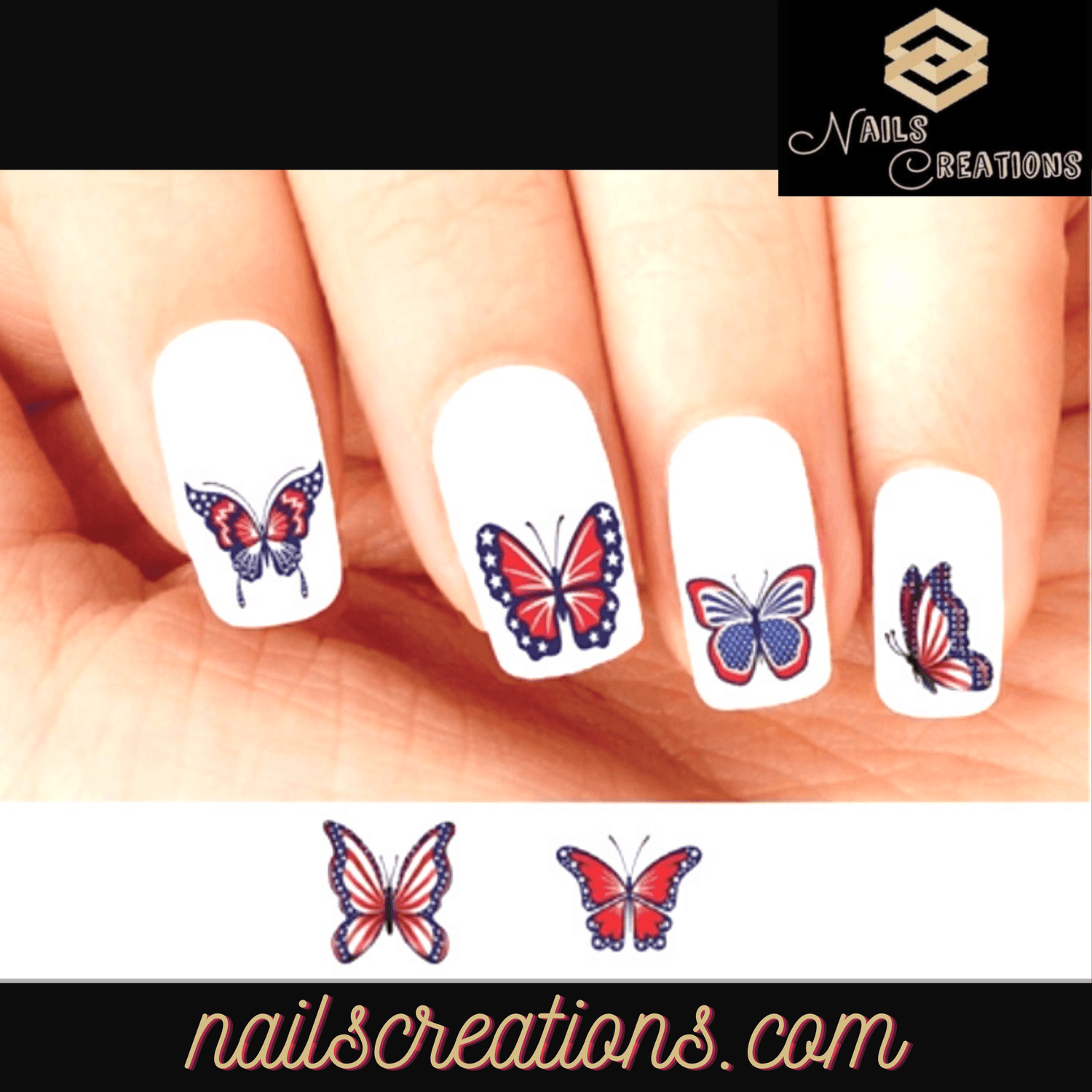 4th of July Butterflies Set of 20 Waterslide Nail Decals - Nails Creations