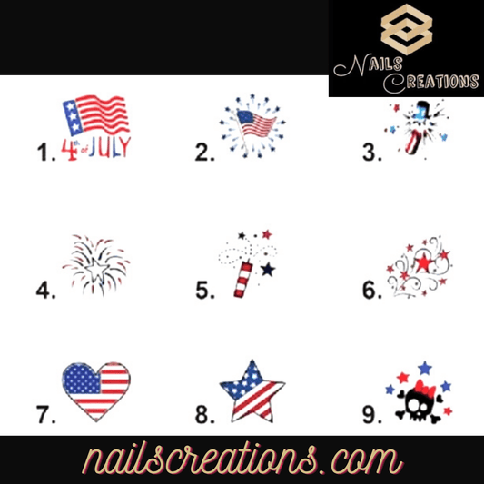 4th of July Flag Firework Stars Heart Set of 20 Waterslides Nail Decals - Nails Creations
