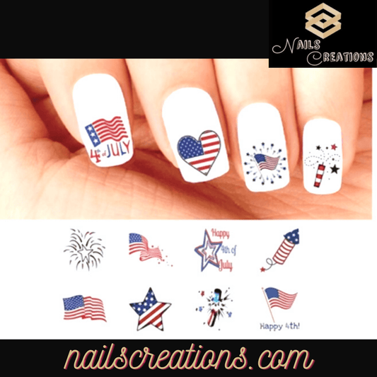 4th of July Patrioric Flag Fireworks Stars Assorted Set of 48 Waterslide Nail Decals - Nails Creations