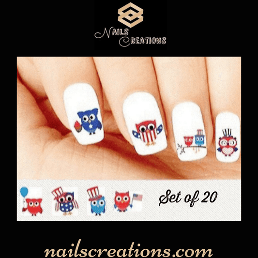 4th of July Patriotic Owls Nail Decals Stickers Water Slides Nail Art - Nails Creations