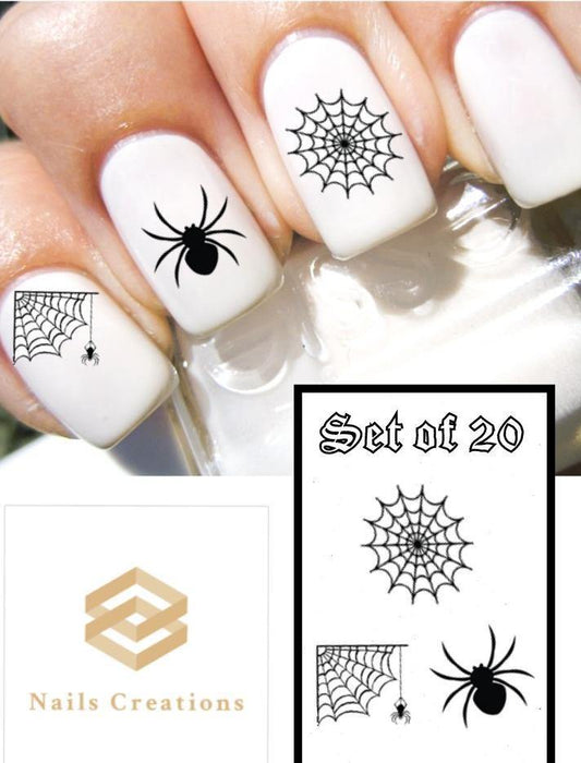 Shop black Halloween spider web nail decals for spooky, gothic nail art. Easy-to-apply waterslide decals for creepy Halloween manicures and nail designs.