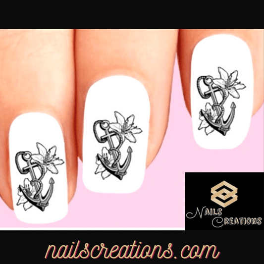 Anchor with Lilly Flowers Set of 20 Waterslide Nail Decals - Nails Creations