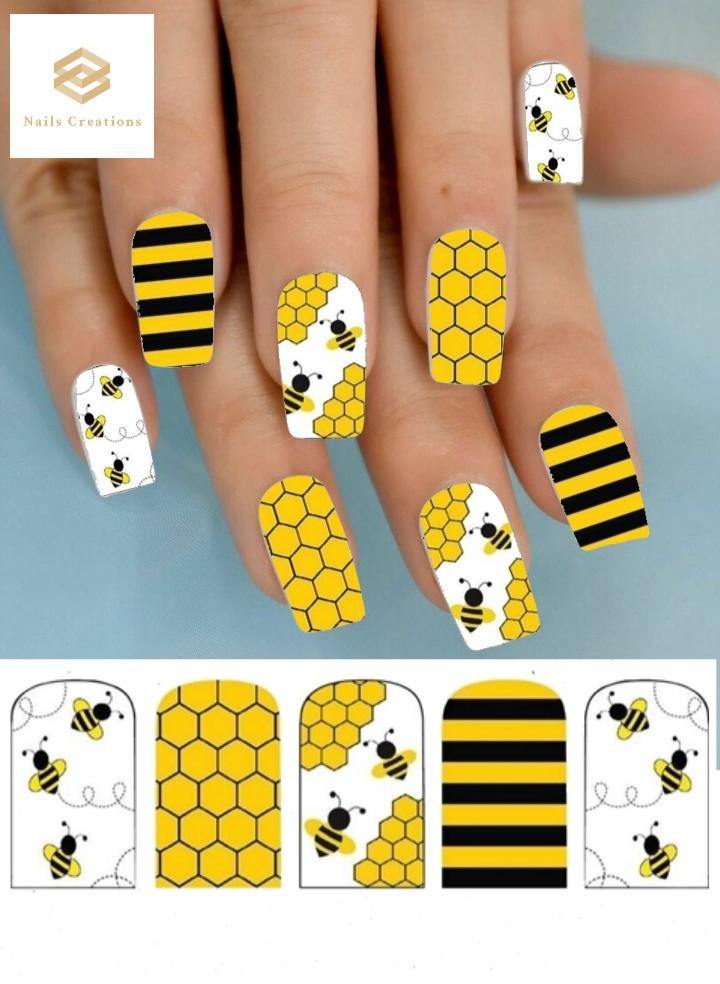 Bees Honeycomb Stripes Assorted Set of 10 Full Waterslide Nail Decals - Nails Creations