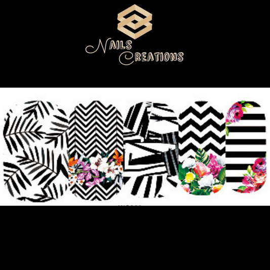 Black & Clear Chevron Stripes with Flowers Full Nail Art Waterslide Decals - Nails Creations