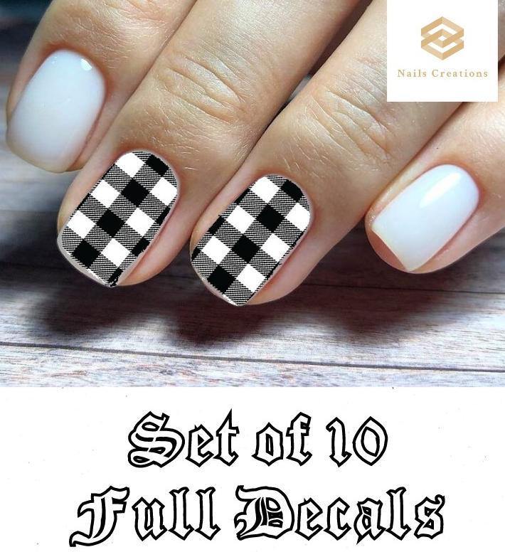Black & Clear Plaid Set Full Nail Decals Stickers Water Slides Nail Art - Nails Creations